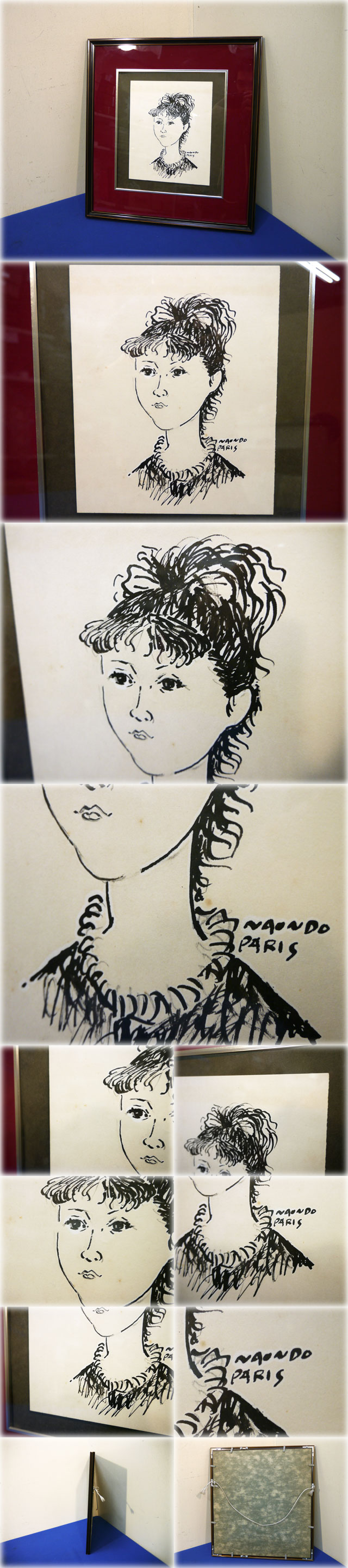 【安値】中村直人 ペン画 (婦人画) サイン有 NAONDO PARIS 二科会会員 洋画家 彫刻家 物故作家 人物画