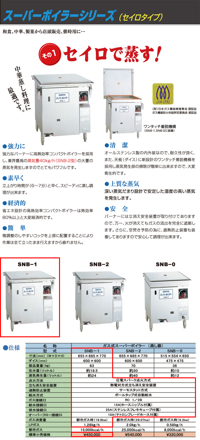 ガス式スーパーボイラー 蒸し器 S-1 655×685×770mm ＬＰＧ(プロパン