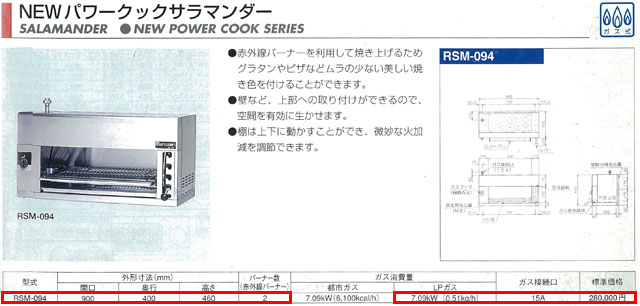 販売割引マルゼン ガスサラマンダー RSM-094 900x400x460mm LPガス NEWパワークックシリーズ 上火グリラー グリラー